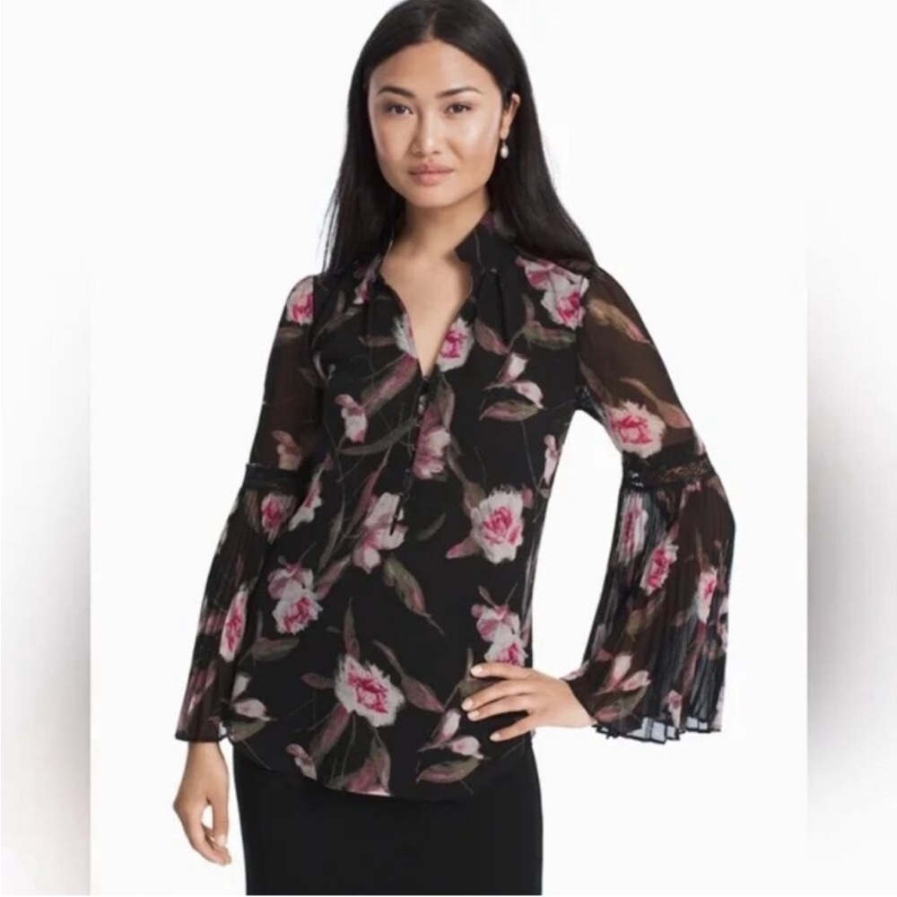 Gabrielle Dark Floral Lace Pleated Sheer Chiffon Bell Sleeve Top Sz 4 Like new